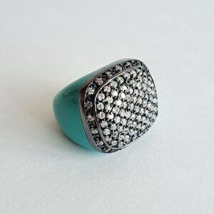Angelique de Paris Sterling Silver Cubic Zirconia Resin Blue Square Ring Size 7